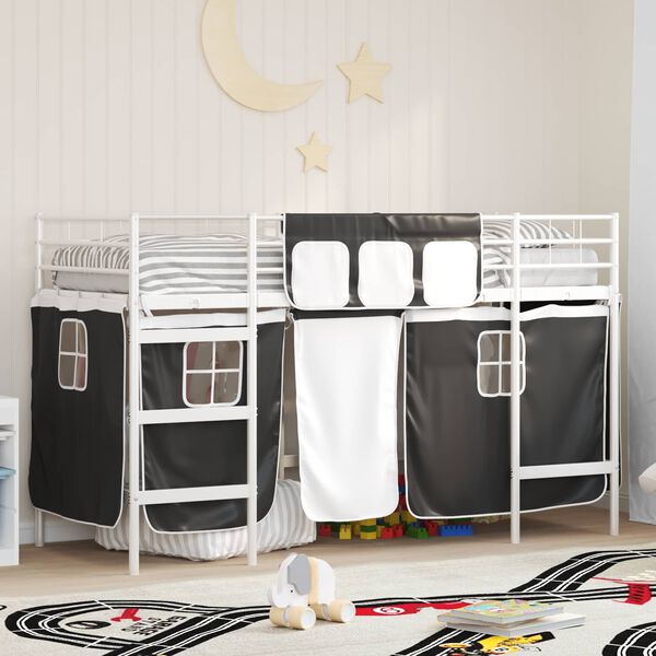 vidaXL Kiddos Loft Senge Ramme med Gardiner Hvit og svart 100 x 190 cm