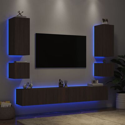 vidaXL Vegghengte TV-benker med LED 6 stk brun eik