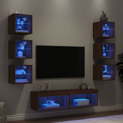 vidaXL Vegghengte TV-enheter med LED 8 deler brun eik konstruert tre