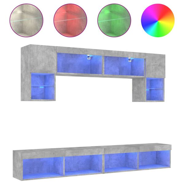 vidaXL Vegghengte TV-enheter med LED 6 deler betonggr&aring; konstruert tre
