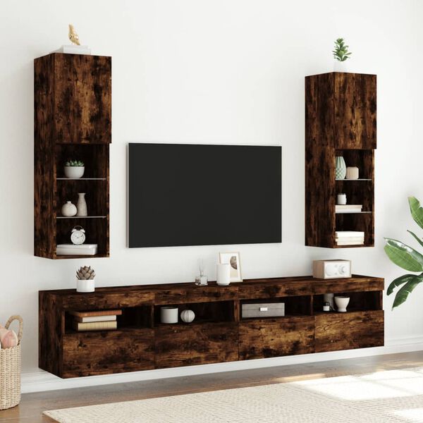 vidaXL TV-benker med LED-lys 2 stk r&oslash;kt eik 30,5x30x102 cm