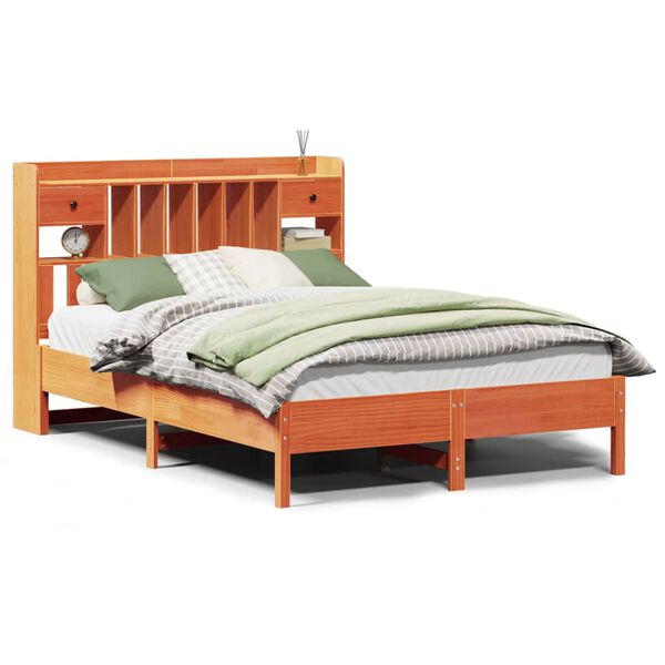 vidaXL Seng med bokhylle uten madrass voksbrun 140x190 cm heltre furu
