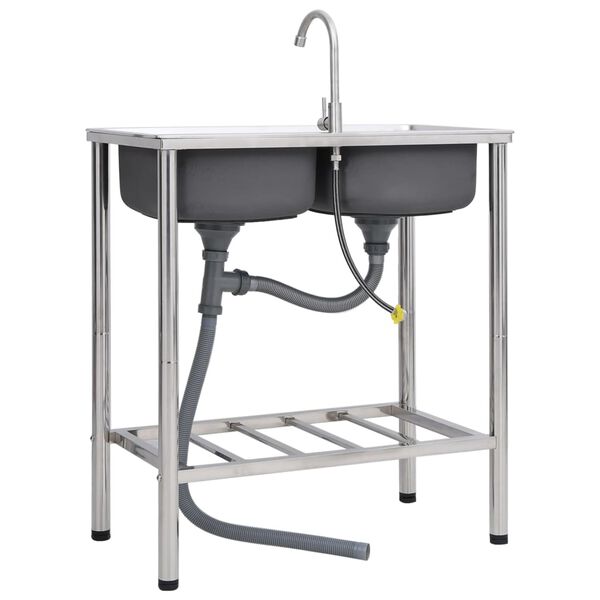 vidaXL Campingvask med dobbel kum og kran rustfritt stål