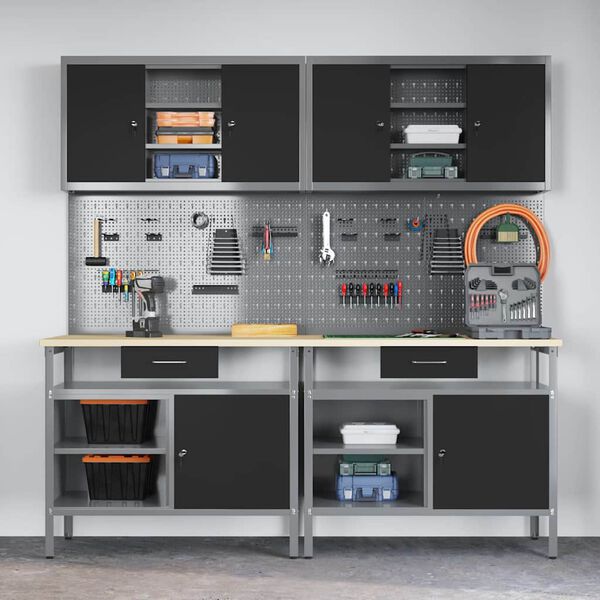 vidaXL Arbeidsbenksett med skuff 8 pcs Svart 200 x 55 x 200 cm St&aring;l