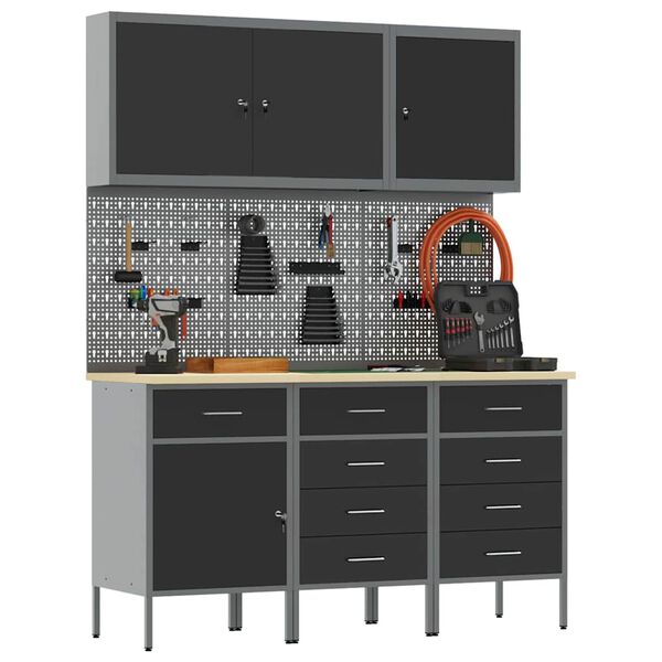 vidaXL Arbeidsbenk med skuff 8 pcs Svart 150 x 55 x 200 cm St&aring;l