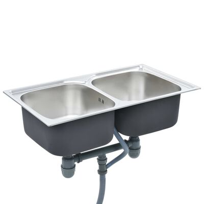 vidaXL Kjøkkenvask med dobbel kum med sil og samler rustfritt stål