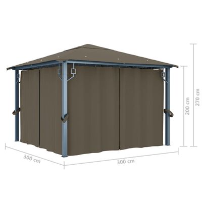 vidaXL Paviljong med gardin og LED-strenglys 3x3 m gråbrun aluminium