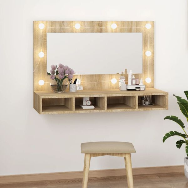 vidaXL Speilskap med LED sonoma eik 90x31,5x62 cm
