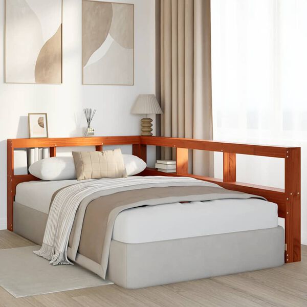 vidaXL Bokhylle sengegavl L-formet voksbrun 120 cm heltre furu