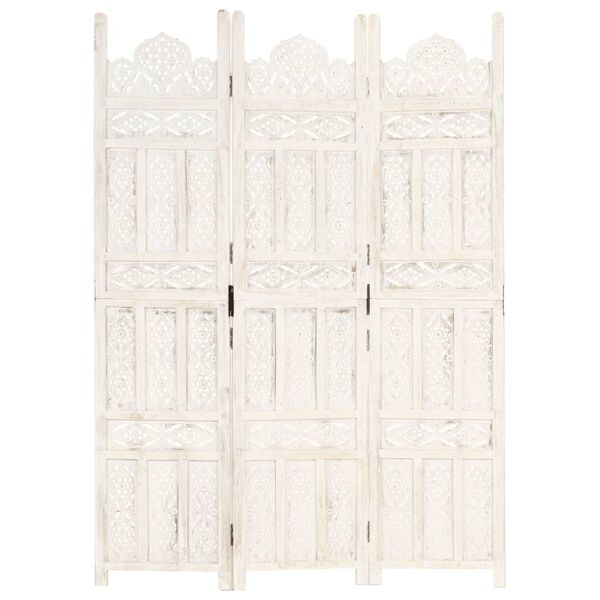 vidaXL Romdeler håndskåret 3 paneler hvit 120x165 cm heltre mango