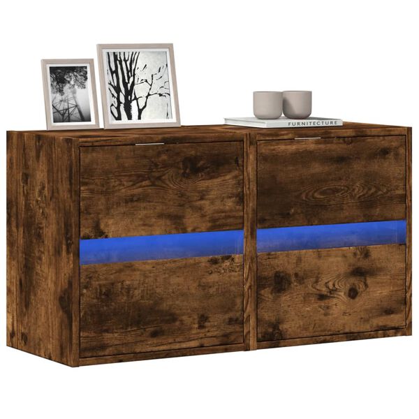 vidaXL Vegghengt TV-benker med LED-lys 2 stk r&oslash;kt eik 41x31x45 cm