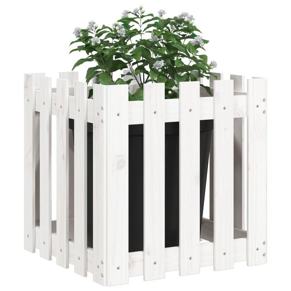 vidaXL Plantekasse med gjerdedesign hvit 50x50x50 cm heltre furu