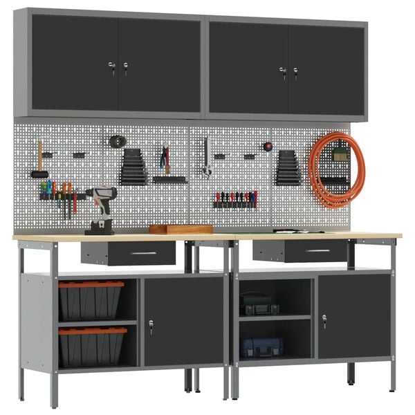 vidaXL Arbeidsbenksett med skuff 8 pcs Svart Pulverlakkert st&aring;l