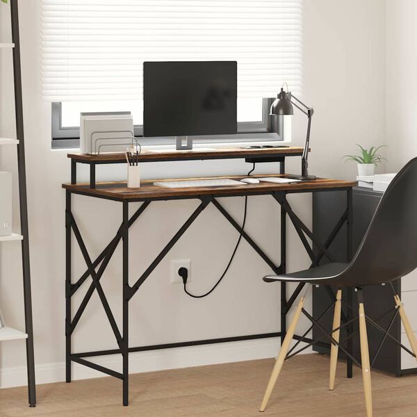 vidaXL Skrivebord med hylle R&oslash;kt eik 100 x 50 x 86,5 cm Konstruert tre