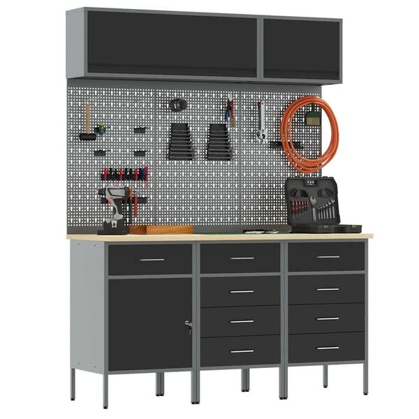 vidaXL Sett med arbeidskabinetter med skuff med lagring 8 pcs Svart