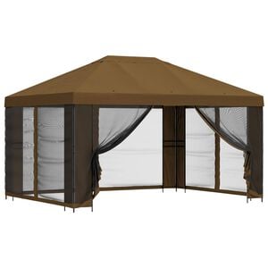 vidaXL Hagepaviljong med sidevegger 4 &times; 3 m Gr&aring;brun Polyester og st&aring;l