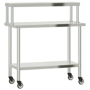 vidaXL Kj&oslash;kkenbenk med overhylle 110x55x120 cm rustfritt st&aring;l