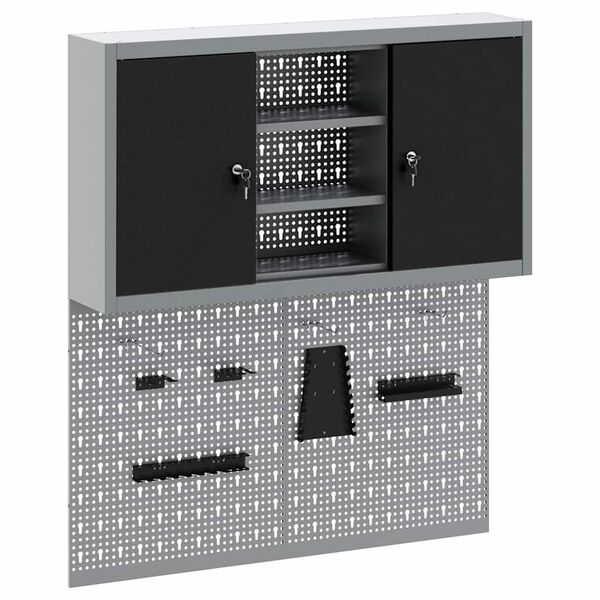 vidaXL Verktøyskab og Pegboard Sett 3 pcs Svart 100 x 20 x 115 cm Stål
