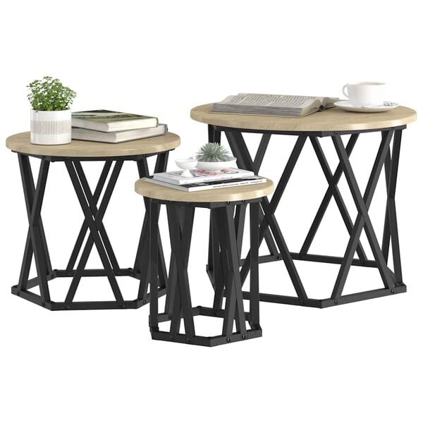 vidaXL Nesting Sidebord 3 pcs Sonoma eik Konstruksjonsvirke og stål