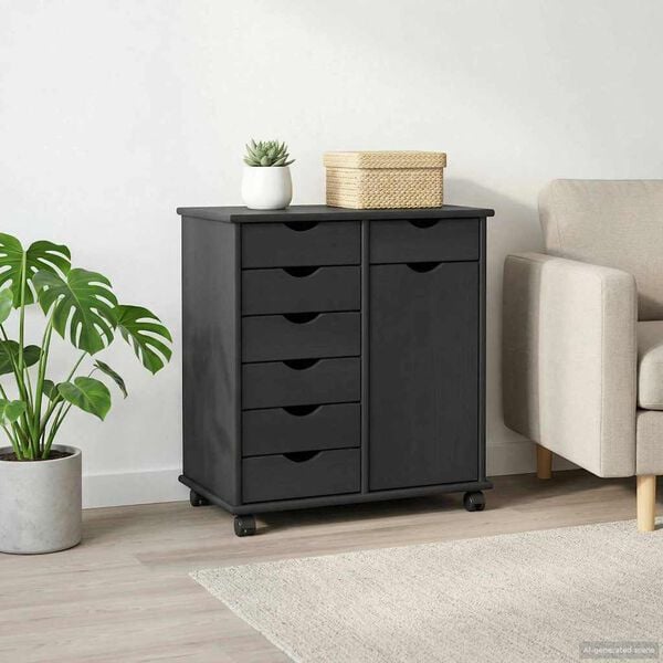 vidaXL Rullende skap med hjul Gr&aring; 63,5 x 39 x 65,5 cm Massiv furu