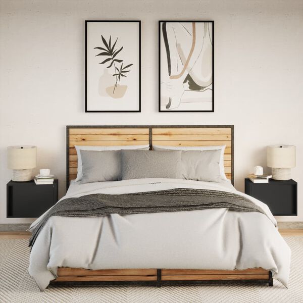 vidaXL Vegghengte nattbord med LED-lys 2 stk svart