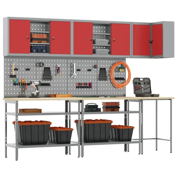 vidaXL Sett med arbeidskabinetter med hylle med l&aring;s 10 pcs R&oslash;d og Gr&aring;