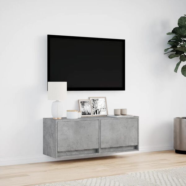 vidaXL Vegghengt TV-benk med LED-lys betonggr&aring; 100x31x35 cm