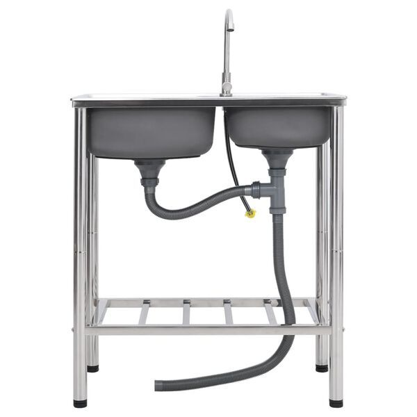 vidaXL Campingvask med dobbel kum og kran rustfritt st&aring;l