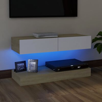 vidaXL TV-benk med LED-lys hvit og sonoma eik 90x35 cm