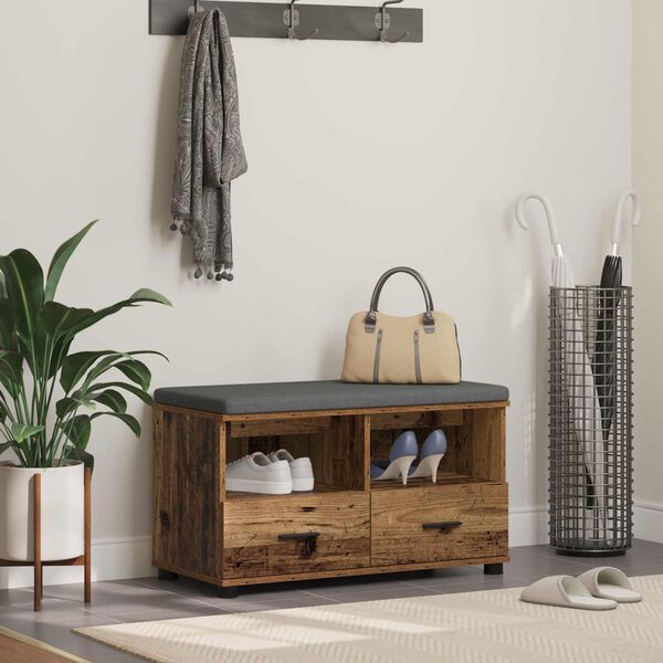 vidaXL Gangbenk med pute med skuff Gammelt tre 80 x 38 x 46 cm