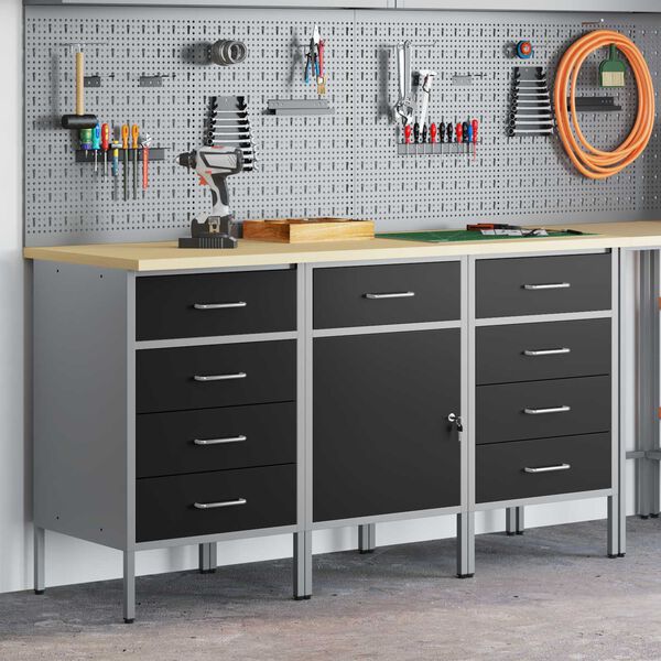 vidaXL Arbeidsskap med skuff 3 pcs Svart og Gr&aring; 150 x 55 x 85 cm