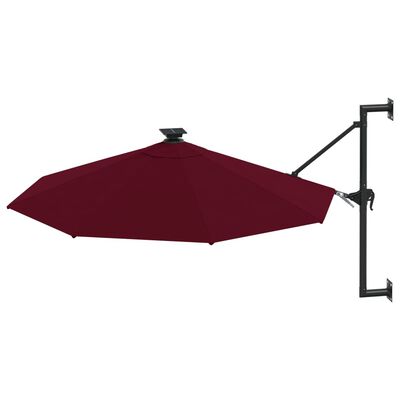 vidaXL Veggmontert parasoll med LED og metallstolpe 300 cm burgunder
