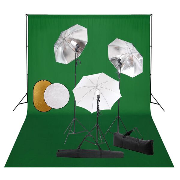 vidaXL Fotostudiosett med lamper, paraplyer, bakgrunn og reflektor