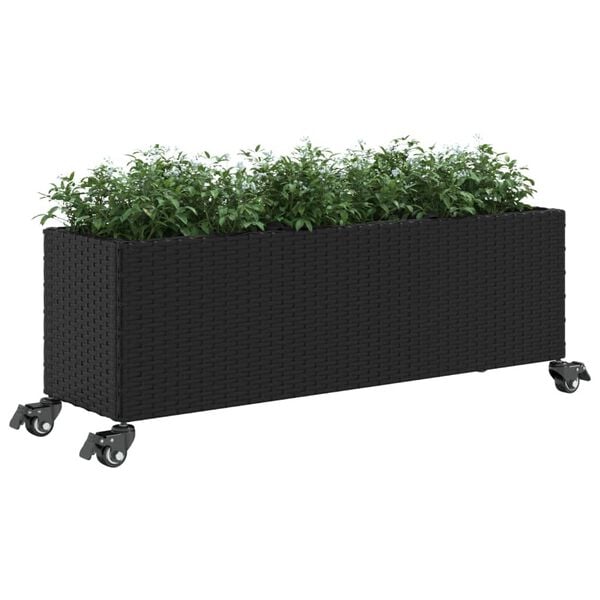 vidaXL Plantekasse med hjul og 3 potter svart 107x32x38 cm polyrotting