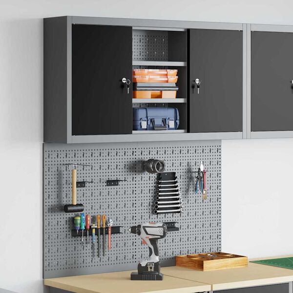 vidaXL Verktøyskab og Pegboard Sett 3 pcs Svart 100 x 20 x 115 cm Stål