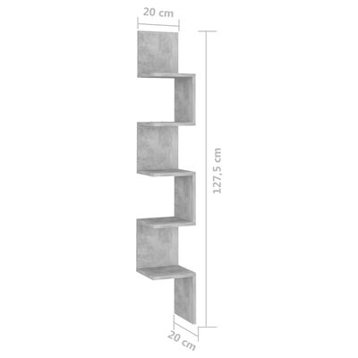 vidaXL Veggmontert hjørnehylle betonggrå 20x20x127,5 cm sponplate