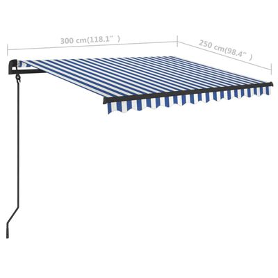 vidaXL Manuell uttrekkbar markise med LED 3x2,5 m blå og hvit