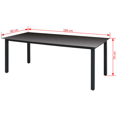 vidaXL Hagebord svart 190x90x74 cm aluminium og glass