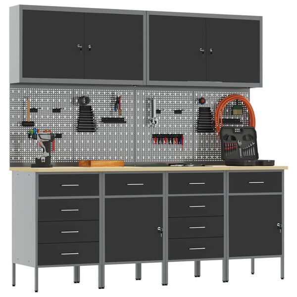 vidaXL Arbeidsskap med skuff 10 pcs Svart Konstruksjonsvirke og st&aring;l