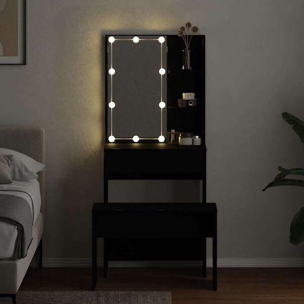 vidaXL LED Sminkebordsett med speillys 2 pcs Svart Eik Konstruert tre