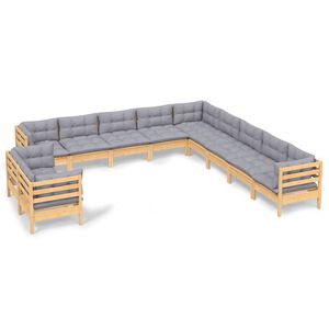 vidaXL Hagesofagruppe med gr&aring; puter 11 deler heltre furu