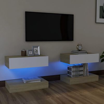 vidaXL TV-benker med LED-lys 2 stk hvit og sonoma eik 60x35 cm