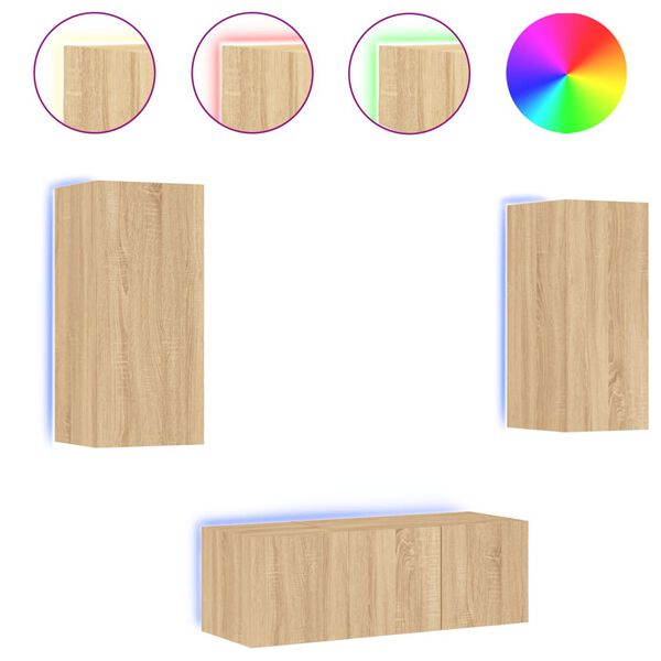 vidaXL Vegghengte TV-enheter med LED 4 deler sonoma eik konstruert tre