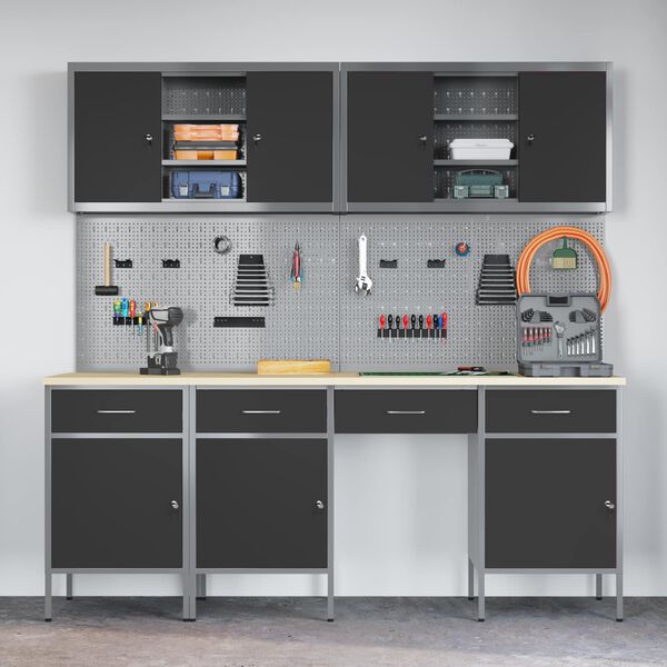 vidaXL Arbeidsskap med skuff 10 pcs Svart Konstruksjonsvirke og st&aring;l