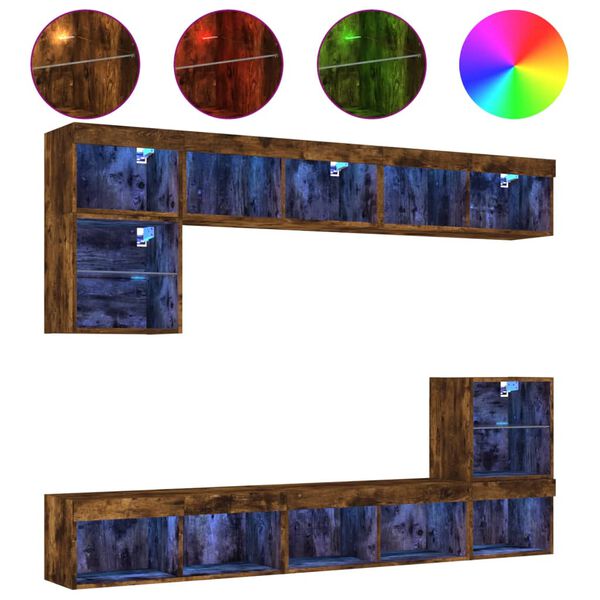 vidaXL Vegghengte TV-enheter med LED 8 deler r&oslash;kt eik konstruert tre