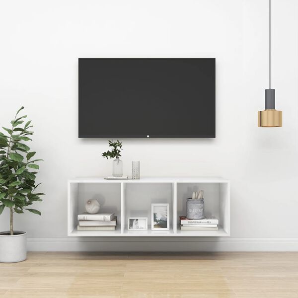vidaXL Vegghengt TV-benk h&oslash;yglans hvit 37x37x107 cm sponplate