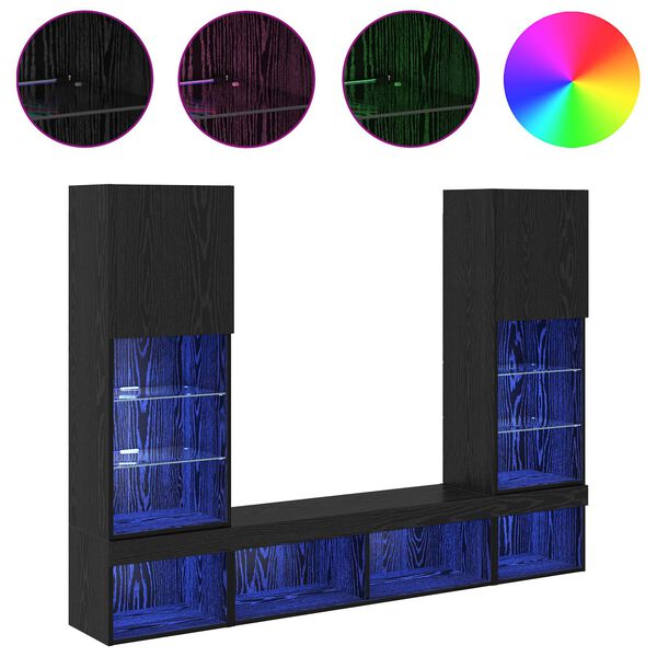 vidaXL TV veggenheter med LED med LED 5 pcs Svart Eik Konstruert tre