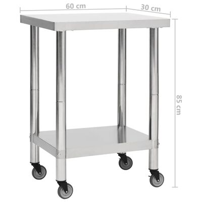 vidaXL Arbeidsbord for kjøkken med hjul 60x30x85 cm rustfritt stål