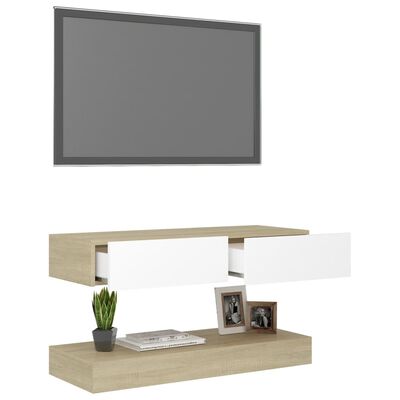 vidaXL TV-benk med LED-lys hvit og sonoma eik 90x35 cm