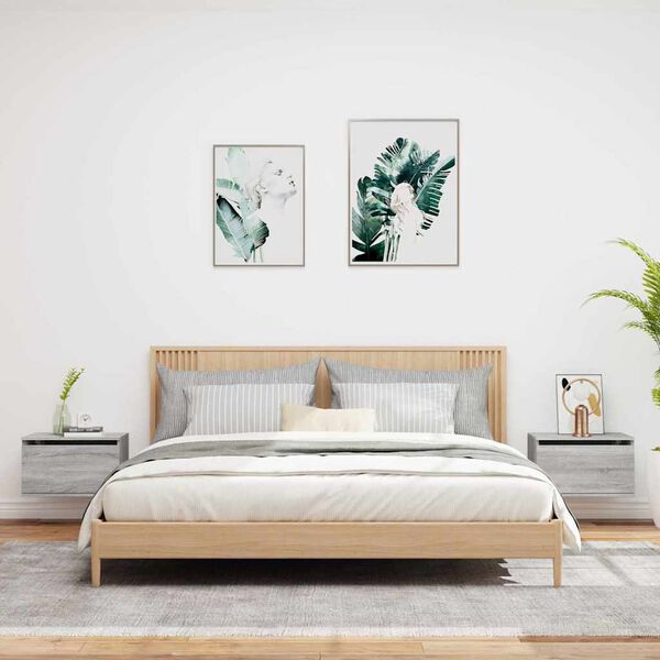 vidaXL Vegghengte nattbord med LED-lys 2 stk gr&aring; sonoma